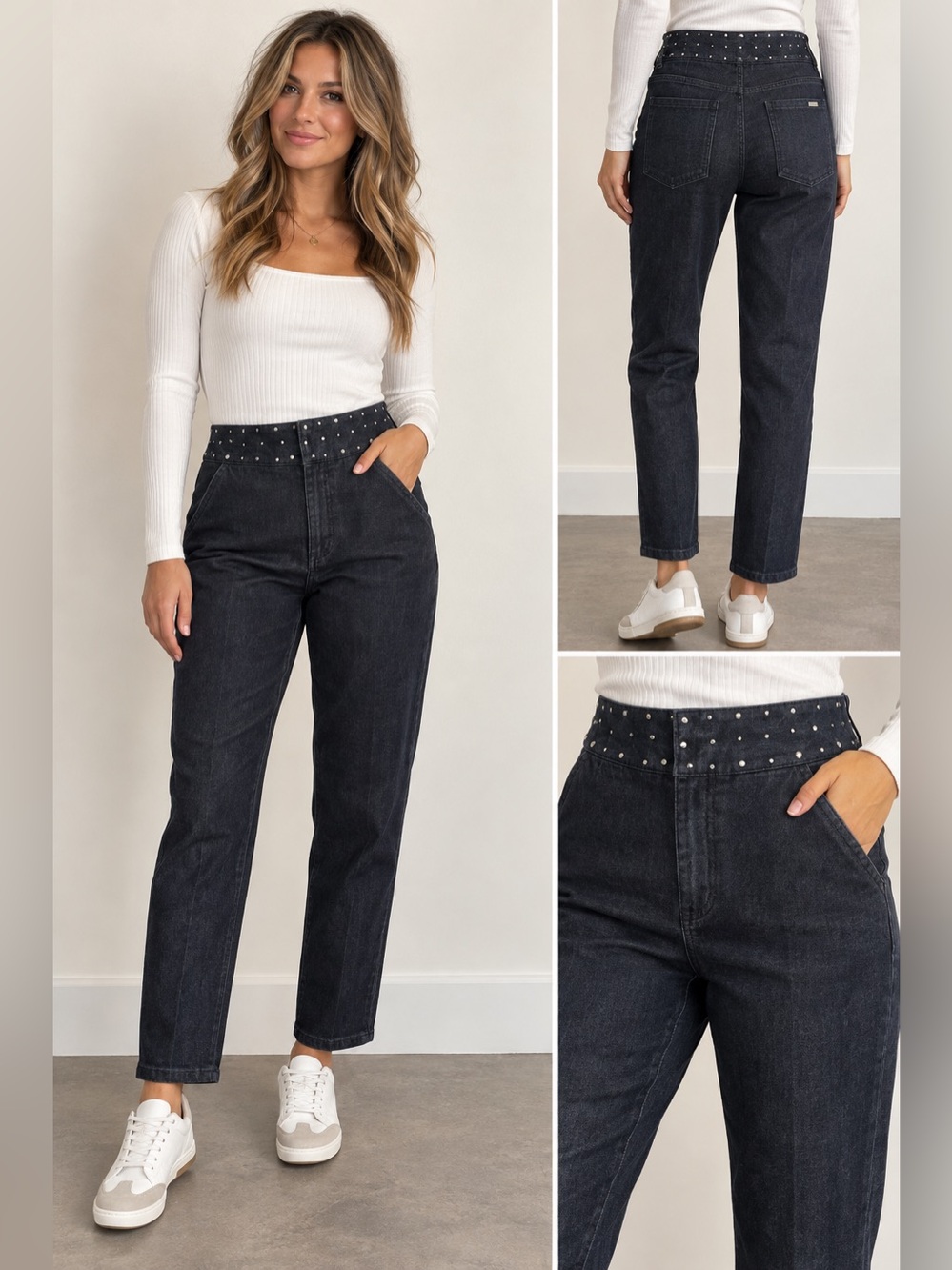 Liu Jo NWT Dark Wash Studded High Waist Straight Leg Jeans Size 28